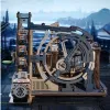 A wooden marble run model with a futuristic city in the background. Podgląd zdjęcia produktu