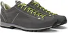 A pair of grey hiking shoes with green laces on a white background. Produktbild-Vorschau