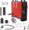 A collection of parts for a diesel heater, including the main unit, exhaust pipe, fuel line, remote control, and various mounting hardware, laid out on a white background. Náhled obrázku produktu