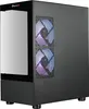 A black computer tower with a glass side panel and RGB fans. Produktbild-Vorschau