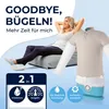 A woman relaxing while a garment steamer operates on a shirt. Produktbild-Vorschau