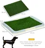 A collage showing a dog toilet with artificial grass, including a separate grass mat and a diagram of a dog with measurements. Produktbild-Vorschau