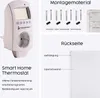 A collage of images showing a smart home thermostat, mounting hardware, and a diagram of a heating panel. Náhled obrázku produktu