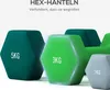 A group of hexagonal dumbbells in different colors and weights are displayed against a white background. Produktbild-Vorschau