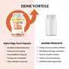 A marketing image comparing 'Alpha Edge Forte Kapseln' with 'ANDERE PRODUKTE' (other products). It highlights the benefits of Alpha Edge Forte with checkmarks and lists disadvantages of other products with crosses. Produktbild-Vorschau