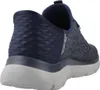 A rear view of a dark blue Skechers slip-on sneaker. Náhled obrázku produktu