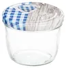 A clear studio shot of an empty glass jar with a decorative lid. Voir les images du produit