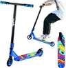 A collage of images showing a blue trick scooter, a person riding a scooter, and a close-up of the scooter's deck. Náhľad obrázku produktu