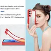 A woman holding a red and clear phone case in front of her face, with a diagram of the case disassembled on the left. Produktbild-Vorschau