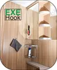 A bathroom scene with a towel hook, a cabinet with shelves, and a shower caddy. Produktbild-Vorschau