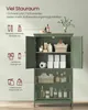 A green bathroom cabinet with its doors open, showcasing various bathroom products on its shelves. Text overlays describe storage capacity and examples of items that can be stored. Produktbild-Vorschau