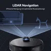 A robotic vacuum cleaner is shown in a living room setting, with lidar beams projecting from it to map the environment, highlighting its navigation capabilities. Produktbild-Vorschau