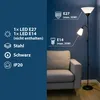 A floor lamp with two lights is shown next to a sofa, with product specifications listed on the left. Produktbild-Vorschau