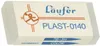 A white eraser with blue and orange text and a logo. Produktbild-Vorschau
