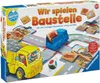 The image shows the box of a board game called "Wir spielen Baustelle" (We Play Construction Site) by Ravensburger. The game features a yellow toy truck, a blue toy truck, and various construction-themed game pieces and board elements. Produktbild-Vorschau