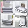 Collage of four images showing a collapsible basin in different states and settings. Voir les images du produit