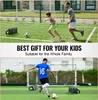 Two images of people using a soccer rebounder on a soccer field. The top image shows a father and son, and the bottom image shows a young man. Text overlays promote the product as a gift. Voir les images du produit