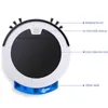 A top-down view of a white and black robot vacuum cleaner with blue accessories, featuring labels pointing out its features. Produktbild-Vorschau