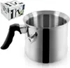 A stainless steel milk frother with a black handle, shown next to its packaging. Produktbild-Vorschau
