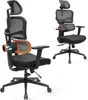 Two ergonomic office chairs are shown against a white background. The chair on the left is shown from a side-angle, highlighting its adjustable features, including an orange lumbar support mechanism with arrows indicating airflow. The chair on the right is Podgląd zdjęcia produktu