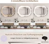 Three different lighting settings of a LED bathroom mirror displayed side-by-side. Voir les images du produit
