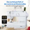 A white sewing machine is shown with marketing text and awards. Produktbild-Vorschau