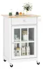 A white kitchen cart with a wooden top is shown against a white background. It has a drawer, a glass-doored cabinet with shelves, and wheels. Podgląd zdjęcia produktu