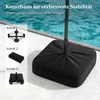 A close-up of a black umbrella base filled with water, next to a swimming pool. Inset images show assembly steps. Produktbild-Vorschau