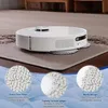 A white robot vacuum cleaner is cleaning a carpet with dirt. Produktbild-Vorschau