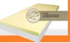 A cutaway view of a mattress topper showing its layered construction and texture, with informational text and a hand impression graphic. Produktbild-Vorschau