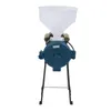 A blue electric grain mill with a white hopper, mounted on a black metal stand, against a white background. Náhled obrázku produktu