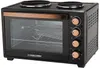 A black Kalorik mini oven with copper accents and two heating plates on top, shown from the front-left. Produktbild-Vorschau