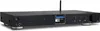 A black internet radio with a silver base and a small screen displaying information. Produktbild-Vorschau