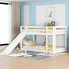 A white bunk bed with a slide and ladder, set up in a child's bedroom with colorful bedding and a rug. Podgląd zdjęcia produktu