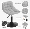 A grey chenille stool with a black base, shown with feature callouts. Produktbild-Vorschau