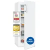 A white upright freezer with its door slightly ajar, displaying internal shelves and food items. Several award badges are attached to the left side of the freezer. Produktbild-Vorschau