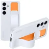 Two white Samsung phone cases with orange accents and integrated stands are shown against a white background. Produktbild-Vorschau