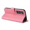 A pink flip phone case with floral and butterfly embossed details is shown open, revealing the inside of the case and the back of a smartphone with a triple camera setup. Produktbild-Vorschau
