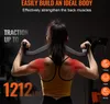 A woman is using a cable machine in a gym, with text overlays highlighting product features. Podgląd zdjęcia produktu