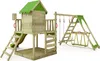 A wooden playground set with a playhouse, slide, ladder, and swing set against a white background. Produktbild-Vorschau