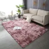 A living room scene with a pink shaggy rug, a beige sofa, a plant, and a side table. Náhled obrázku produktu