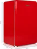 A red retro-style mini-fridge is shown in a studio setting with measurement labels. Voir les images du produit