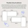 Diagrams and text describing a flexible L-shaped corner desk. Náhled obrázku produktu