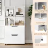 A collage of images showing a white bookshelf with drawers, along with close-ups of its features and text descriptions. Podgląd zdjęcia produktu