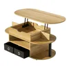 A light wood coffee table with a lift-top mechanism, storage compartments, and black fabric drawers, shown against a white background. Produktbild-Vorschau