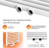 Close-up of white radiator connections and marketing text. Produktbild-Vorschau