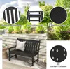 A black garden bench is shown outdoors with trees and a cloudy sky in the background. Close-up insets highlight features of the bench. Produktbild-Vorschau