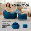 A woman is sitting on a large blue beanbag chair with a matching ottoman next to her. Below, there are smaller images of a beanbag chair and an ottoman with a plus sign between them, suggesting a combination or set. Text overlays provide marketing informat Voir les images du produit
