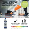 A floor cleaning machine is shown in operation, with text overlays describing its use and benefits. Produktbild-Vorschau