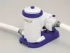 A white and blue swimming pool filter pump with hoses attached. Voir les images du produit